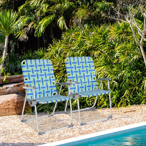 Oversized Folding Aluminum Beach Chair Set With Webbed Seat And Detachable Cup Holder, Heavy Duty 300 Lb Capacity, 2 Pack In Blue And Green by a pool