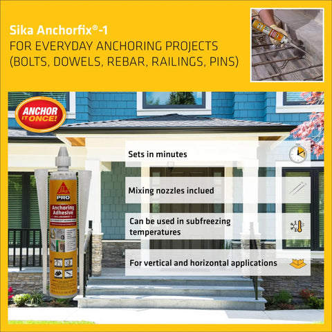 Heavy Duty High Strength Anchoring Adhesive For Concrete And Masonry With Fast Setting Self Mixing Nozzle 10.1 Fl Oz Gray Ideal For Railing Posts Rebar Bolts Dowels And Subfreezing Temperatures shown in use for vertical applications