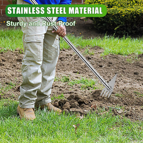 Person using 2-In-1 Garden Hoe And Weed Rake With Adjustable Long Handle, Stainless Steel Cultivator for weeding in a garden