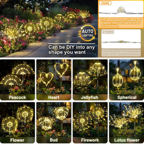 Solar Garden Lights Outdoor With Bendable Copper Wire And 120 LED Firework Beads, Warm White IP65 Waterproof in various shapes