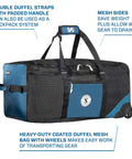 Mesh N Roll 100 Wheeled Dive Bag With Double Duffel Straps And Adjustable Top Carry Handle For Scuba Gear Denim Blue Heavy Duty Coated Mesh Sides For Wet Gear Drain And Easy Transport Plus Backpack Style