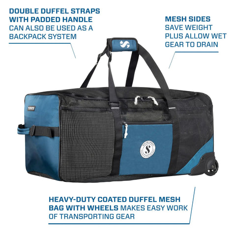 Mesh N Roll 100 Wheeled Dive Bag With Double Duffel Straps And Adjustable Top Carry Handle For Scuba Gear Denim Blue Heavy Duty Coated Mesh Sides For Wet Gear Drain And Easy Transport Plus Backpack Style