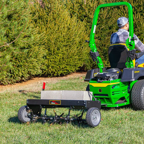 Tow Behind Plug Aerator With Folding Easy Store Tow Bar, 42 Inch Working Width For Lawn Care, towed by lawn tractor