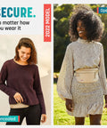 Stealthy Hidden Travel Money Belt With Full RFID Blocking, shown concealed under a sweater and open over a dress.