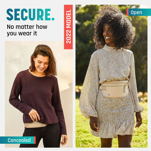 Two women wearing Stealthy Hidden Travel Money Belt With Full RFID Blocking, Slim Waist Wallet Pouch For Passport And Cards, Anti Theft Belt.