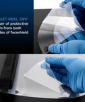 Black Full Face Shields Case Of 200 Anti Fog PET Plastic Protection showing protective film removal from face shield