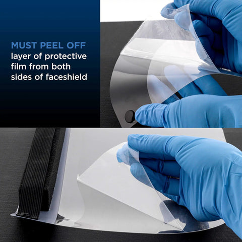Black Full Face Shields Case Of 200 Anti Fog PET Plastic Protection showing protective film removal from face shield