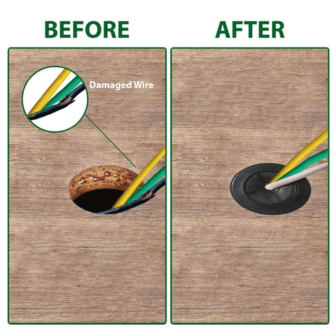 52 Piece Rubber Grommets Kit With Firewall Hole Plugs in use showing before and after wire protection in metal panel