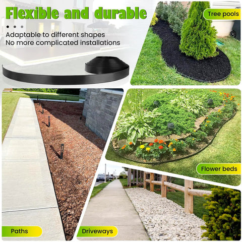 Heavy Duty Landscape Edging Coil 2 Inch Tall 33 Feet Long Includes 40 Spikes Flexible Border Kit For Lawn Flower Beds And Garden Paths Crack Resistant Heat Resistant Deformation Resistant Black Finish with various installations shown