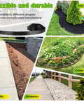 Easy Install Garden Border Edging Kit For Lawns And Flower Beds, Flexible 2 Inch Tall Landscape Edging Coil, 100 Ft With 120 Spikes, Durable PE Border For Curves Or Straight Lines, Black shown in various landscape applications like paths and flower beds.
