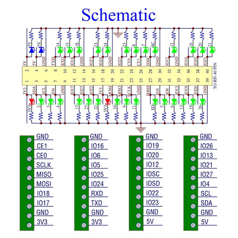 Schematic of Raspberry Pi GPIO Status LED and Terminal Block Breakout Board HAT for A Plus 3A Plus B Plus 2B 3B 3B Plus and 4B