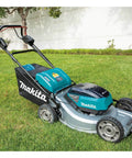 Pro Grade 21 Inch Cordless Self Propelled Lawn Mower featuring aluminum deck and dual batteries on grassy lawn.