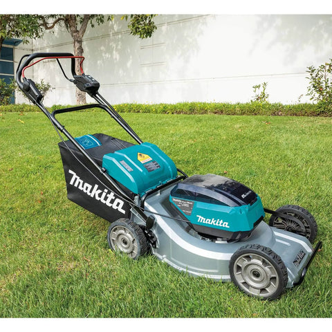 Pro Grade 21 Inch Cordless Self Propelled Lawn Mower featuring aluminum deck and dual batteries on grassy lawn.
