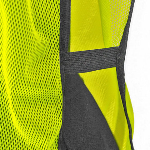 Close-up of High Visibility Safety Vest For Work Sites Yellow Lime Open Mesh With 1 Inch Reflective Tape Prismatic Stripes showcasing side detail.