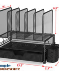 Mesh Desk Organizer With Sliding Drawer And Double Tray, Five Upright Sections For Files And Office Supplies, Black Finish