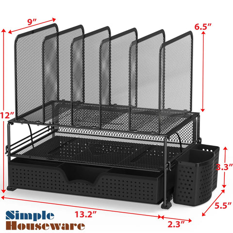 Mesh Desk Organizer With Sliding Drawer And Double Tray, Five Upright Sections For Files And Office Supplies, Black Finish