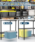 Beefy 5 Tier Metal Storage Shelves 71 Inch Wide Heavy Duty Garage Shelving Rack With 1325 Lbs Capacity, Industrial Grade Carbon Steel For Tools, Equipment, And Large Appliances, Easy Assembly in garage with bins, tires, and tools