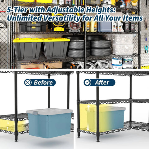Beefy 5 Tier Metal Storage Shelves 71 Inch Wide Heavy Duty Garage Shelving Rack With 1325 Lbs Capacity, Industrial Grade Carbon Steel For Tools, Equipment, And Large Appliances, Easy Assembly in garage with bins, tires, and tools