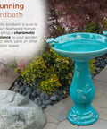 25 Inch Tall Outdoor Ceramic Antique Pedestal Birdbath With Turquoise Finish And Two Playful Bird Figurines for garden decor.