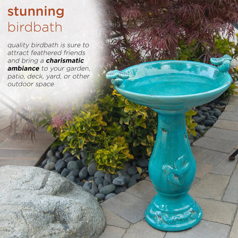 25 Inch Tall Outdoor Ceramic Antique Pedestal Birdbath With Turquoise Finish And Two Playful Bird Figurines for garden decor.