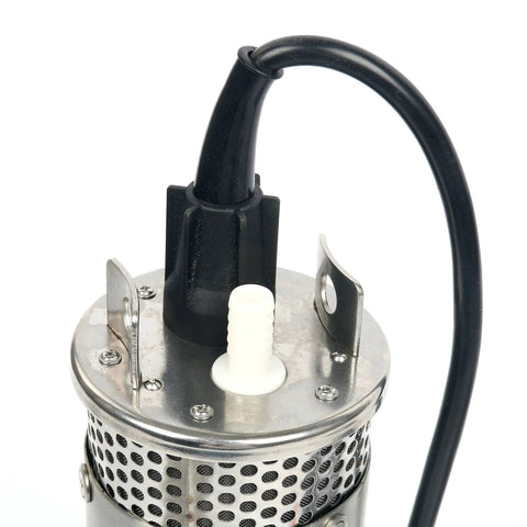 Top view of 12V DC Submersible Deep Well Water Pump With 3.2 GPM Flow, 4 Inch Intake, 10A Draw, stainless steel shell, waterproof cable.