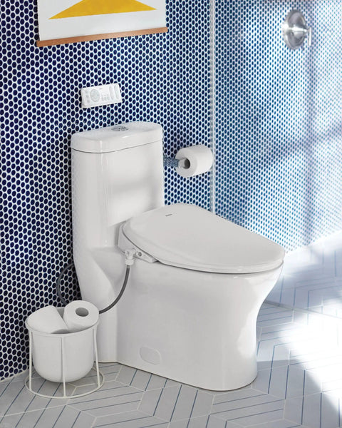 Genta LX Modern Wall Mount Pivoting Toilet Paper Holder in Chrome for Bathroom Easy Install next to a white toilet