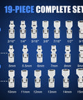 One Quarter Inch Drive Universal Joint Socket Set With Swivel And Wobble Sockets Nineteen Piece Metric Five To Fifteen Millimeter And SAE Three Sixteenth To Nine Sixteenth Inch Six Point CRV Flex Sockets For Tight Spaces displayed.