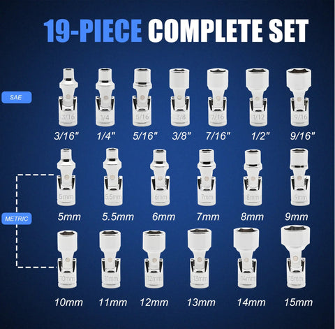 One Quarter Inch Drive Universal Joint Socket Set With Swivel And Wobble Sockets Nineteen Piece Metric Five To Fifteen Millimeter And SAE Three Sixteenth To Nine Sixteenth Inch Six Point CRV Flex Sockets For Tight Spaces displayed.
