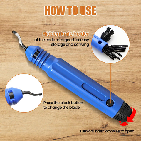Flexible Pipe Deburring Tool With Swivel Blades And Anti Slip Handle shown with open knife holder for blade storage