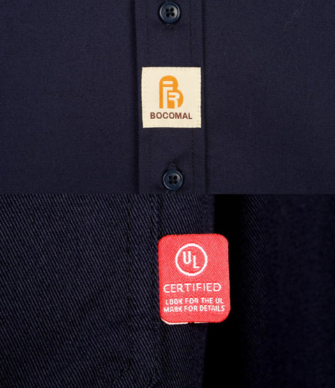 Label details of Throw On This Men's Flame Resistant Work Shirt Built From 7.5oz Cotton Twill NFPA 2112 Cat 2 Certified.