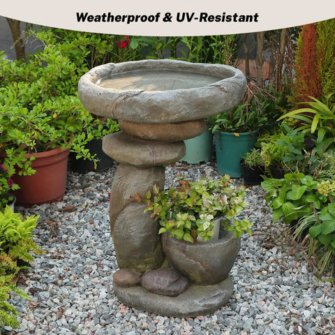 Solar Fountain For Bird Bath And Planter, Freestanding Rock Waterfall With LED Lights For Garden Patio And Yard in garden setting