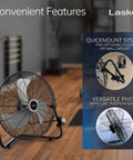 20 Inch Black High Velocity Wall Mount Fan With Pivoting Head, Three Speed Settings, in a home setting, showing QuickMount system.