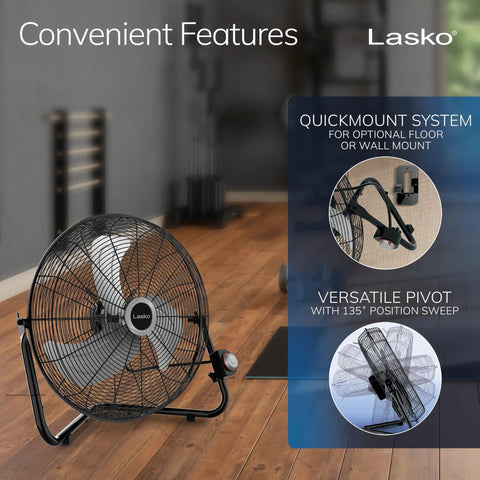 20 Inch Black High Velocity Wall Mount Fan With Pivoting Head, Three Speed Settings, in a home setting, showing QuickMount system.