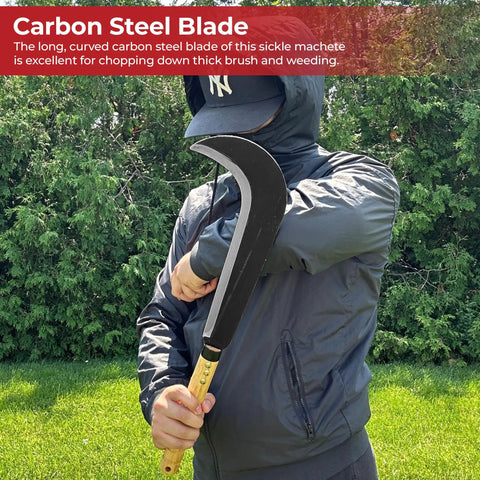 Person holding Badass Leather Wrapped Slasher Crescent Outdoor Bamboo Sickle Scythe Machete Knife in outdoor setting.