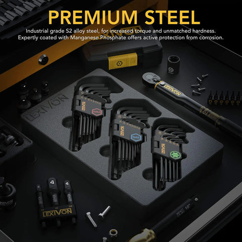 Beast Mode Pro Grade 35 Piece Long Arm Ball End Hex Key Set with 3 Pack Metric SAE and Star Torx Bits in foam case