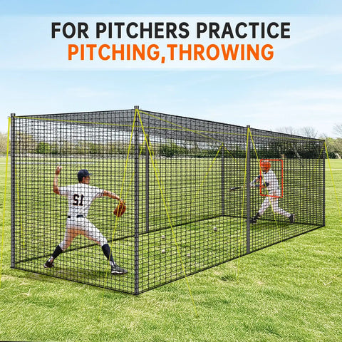 Backyard Batting Cage 30ft By 12ft By 8ft For Baseball And Softball With Pitching Machine Hole and players practicing