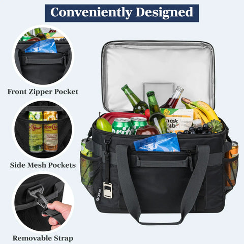 Epically Spacious Collapsible Soft Cooler Bag, 60 Can Leakproof Insulated Tote with front pocket and side mesh pockets.