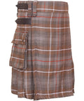 Mens Utility Kilt Showcasing Iconic MacKenzie Weathered Tartan Pattern Tailored From Comfy Acrylic Wool Blend Finished With Rugged Leather Fasteners For Kickback Vibes, 24-inch drop, side pocket shown.