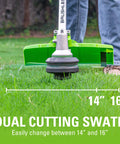 Heavy Duty 40 Volt Cordless String Trimmer Loaded With A Badass Brushless Motor And Four Point Zero Ah Battery for dual cutting swath of 14 to 16 inches.