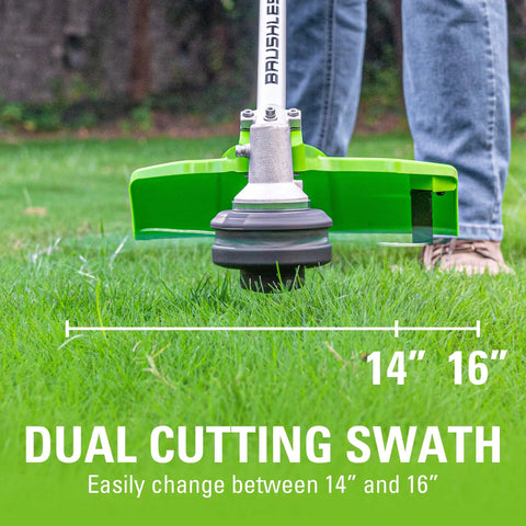 Heavy Duty 40 Volt Cordless String Trimmer Loaded With A Badass Brushless Motor And Four Point Zero Ah Battery for dual cutting swath of 14 to 16 inches.