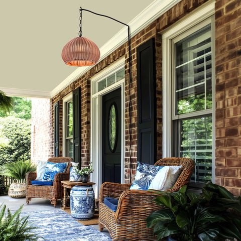 One Light Outdoor Plug In Pendant Lighting With Plastic Rattan Shade Frosted Inner Layer Bronze Hanging Cord And Chain Indoor Outdoor Compatible Ceiling Light For Patio Porch Or Balcony Chill Vibe Ambience on porch