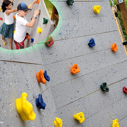 Sets Of 25 Multi Colored Rock Climbing Holds For Indoor And Outdoor Walls, Textured For Easy Grip on a playground wall with kids climbing