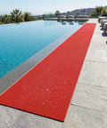 Game Changer Non Slip Drainage Flooring Rolls Custom Trim Down To Fit Pool, red PVC mat by the pool for safe walking.