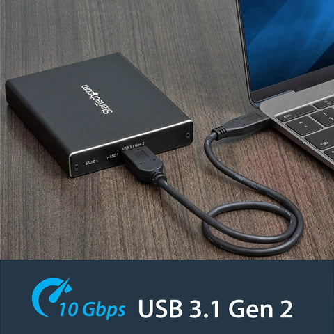 Dual Slot M.2 Sata Raid Enclosure Usb 3.1 10Gbps External Drive Holder connected to laptop on wooden desk.