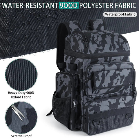 Heavy Duty Fishing Tackle Backpack With Rod Holders And 45L Large Capacity Gear Bag For Fishing Camping And Hiking In Camouflage 900D Polyester For All Weather, showcasing water-resistant fabric and multiple compartments.