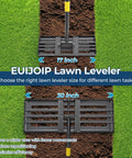 EUIJOIP Lawn Leveler with 17 and 30 inch heads on grass, highlighting lawn tasks for the Heavy Duty Lawn Leveling Rake With 27 Inch Wide Head And 72 Inch Adjustable Handle Foldable Yard Leveler For Soil Sand And Topdressing Stainless Steel Ergonomic Design For Fast Smooth Even Lawns