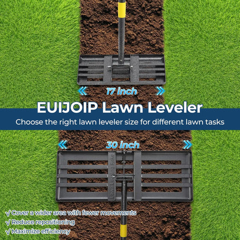 EUIJOIP Lawn Leveler with 17 and 30 inch heads on grass, highlighting lawn tasks for the Heavy Duty Lawn Leveling Rake With 27 Inch Wide Head And 72 Inch Adjustable Handle Foldable Yard Leveler For Soil Sand And Topdressing Stainless Steel Ergonomic Design For Fast Smooth Even Lawns