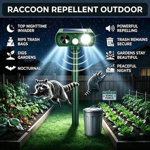 Illustration of Solar Ultrasonic Animal Deterrent With Motion Detection And Flash Light Outdoor Yard Garden Critter Repeller for raccoons