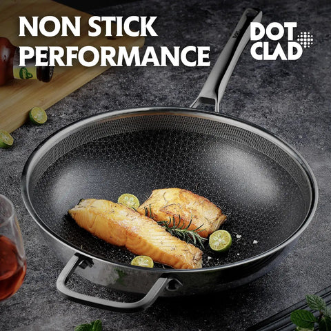 Hybrid 12 Inch Wok Pan With Lid For Easy Stir Fry PFOA Free Nonstick Stainless Steel Induction Ready with fish and herbs