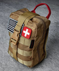 CareTac IFAK trauma medical pouch in tan with red cross patch and American flag patch